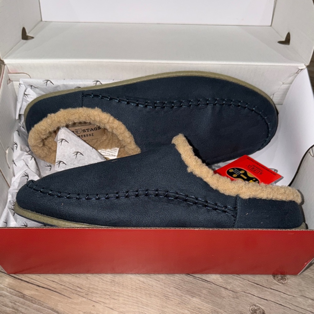 Deer Stags Navy Slip-On Mules with Tan Faux Shearling
